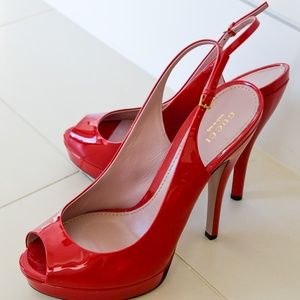 Gucci Red Patent high heel sling back shoes with open toe. Size 39 EU